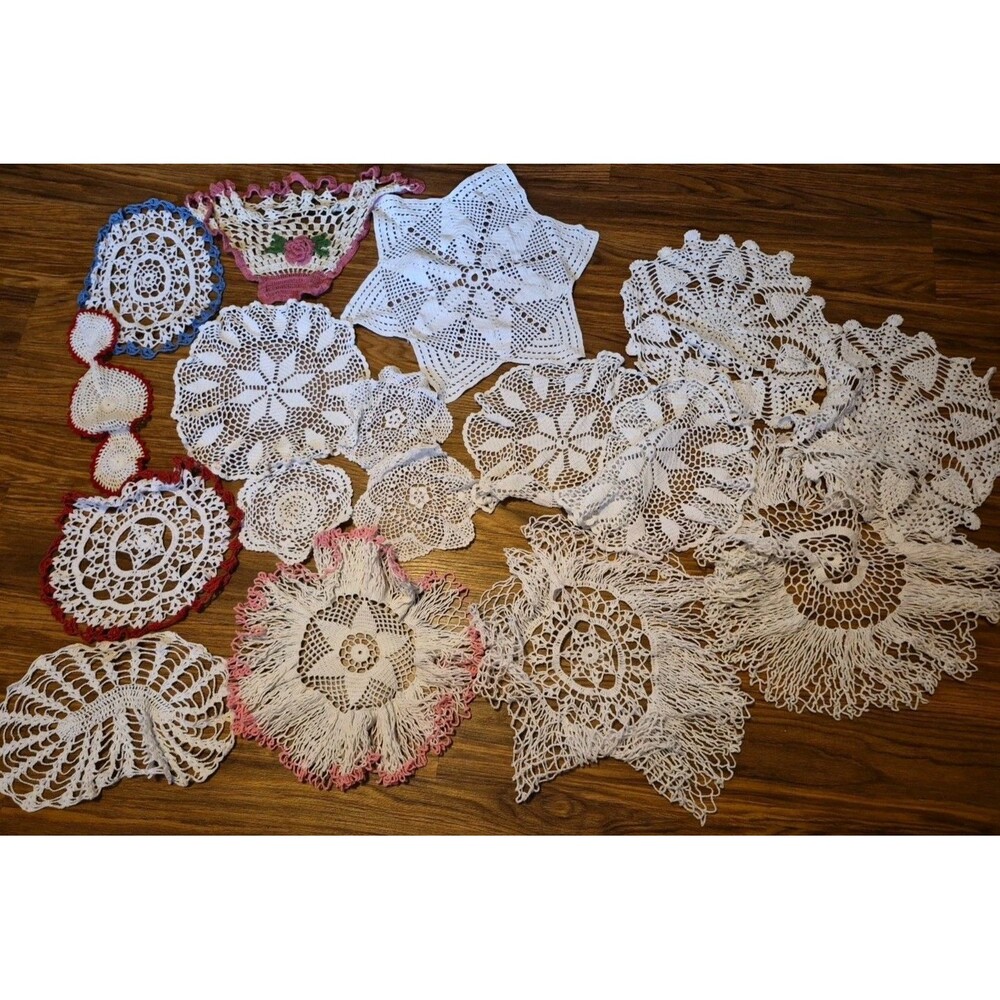 17 Vtg Crochet Doilies Mixed Styles Sizes Shabby Cottagecore Granny Stain